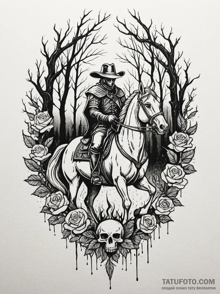 Headless horseman riding through a burning fo… — эскиз тату (№1751654420_0, 04.07.2025 18:40) — Tatufoto.com