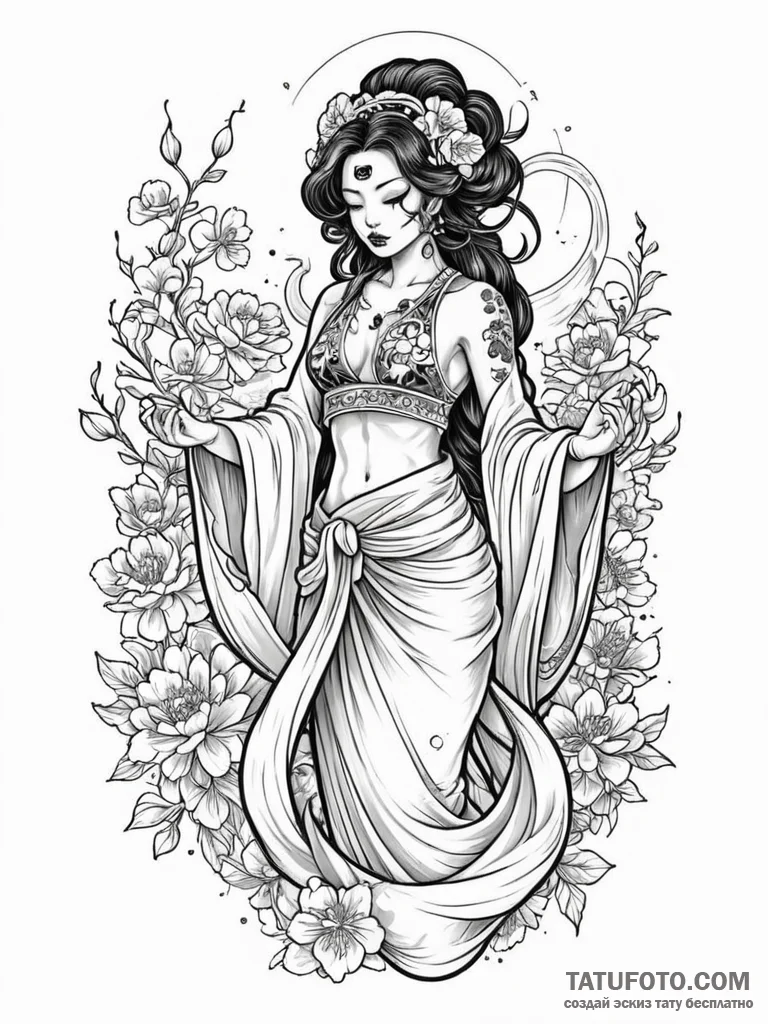 Santa muerte with a gown of marigolds and sta… — эскиз тату (№1751655275_0, 04.07.2025 18:54) — Tatufoto.com