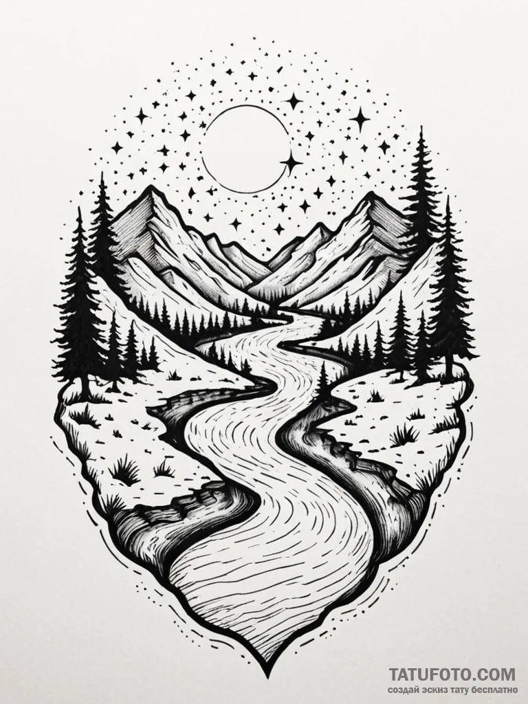 River of stars flowing through a dark valley,... - эскиз тату (№1751655868_0, 04.07.2025 19:04) — Tatufoto.com