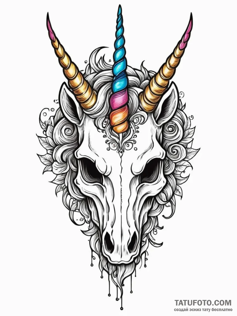 Unicorn's skull with a rainbow horn, tattoo f... - эскиз тату (№1751656541_0, 04.07.2025 19:15) — Tatufoto.com