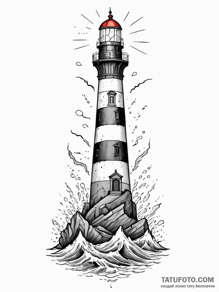 Lighthouse drowning beneath waves, ink illust… — эскиз тату (№1751656962_0, 04.07.2025 19:22) — Tatufoto.com