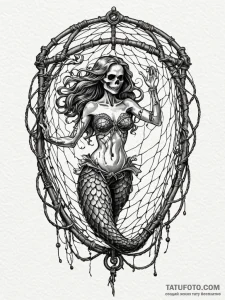 Mermaid's skeleton tangled in a fishing net,... - эскиз тату (№1751657049_0, 04.07.2025 19:24) — Tatufoto.com