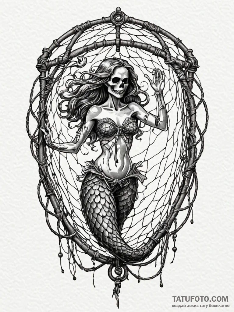 Mermaid’s skeleton tangled in a fishing net,… — эскиз тату (№1751657049_0, 04.07.2025 19:24) — Tatufoto.com