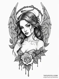 Ashen angel with broken chains, tattoo flash... - эскиз тату (№1751657639_0, 04.07.2025 19:33) — Tatufoto.com
