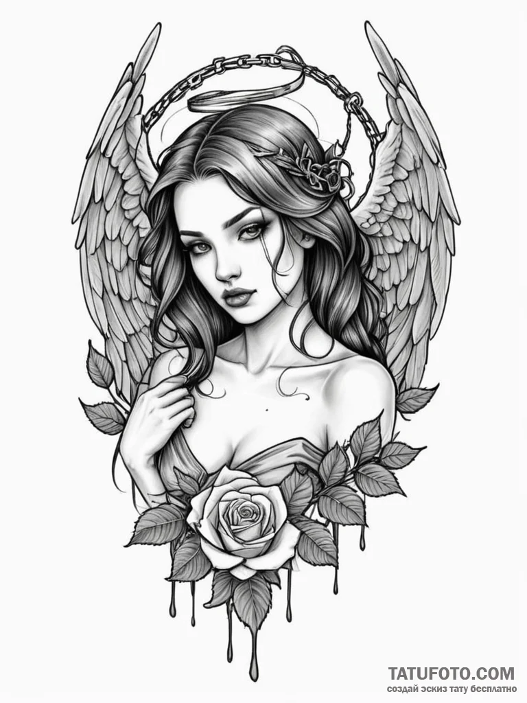 Ashen angel with broken chains, tattoo flash... - эскиз тату (№1751657639_0, 04.07.2025 19:33) — Tatufoto.com