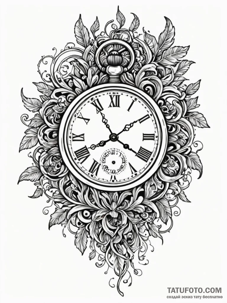 Broken pocket watch with roots growing throug... - эскиз тату (№1751658268_0, 04.07.2025 19:44) — Tatufoto.com