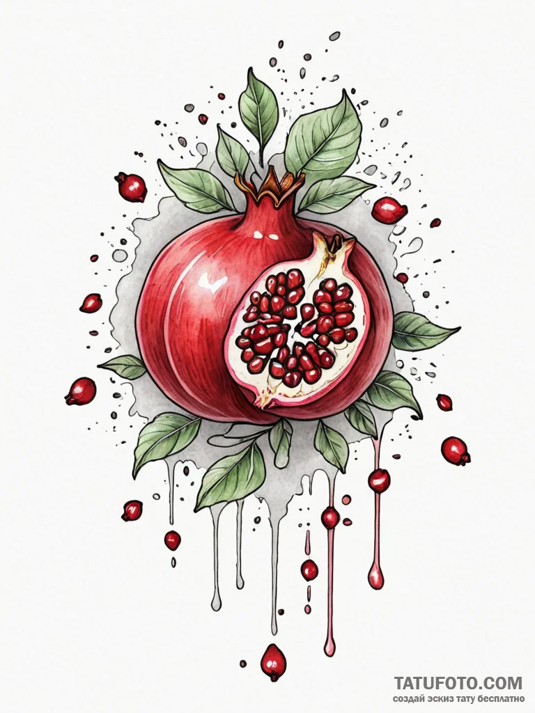 Pomegranate seeds falling through mist, tatto... - эскиз тату (№1751658944_0, 04.07.2025 19:55) — Tatufoto.com