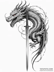Katana blade unsheathed, with a dragon reflec... - эскиз тату (№1751659879_0, 04.07.2025 20:11) — Tatufoto.com