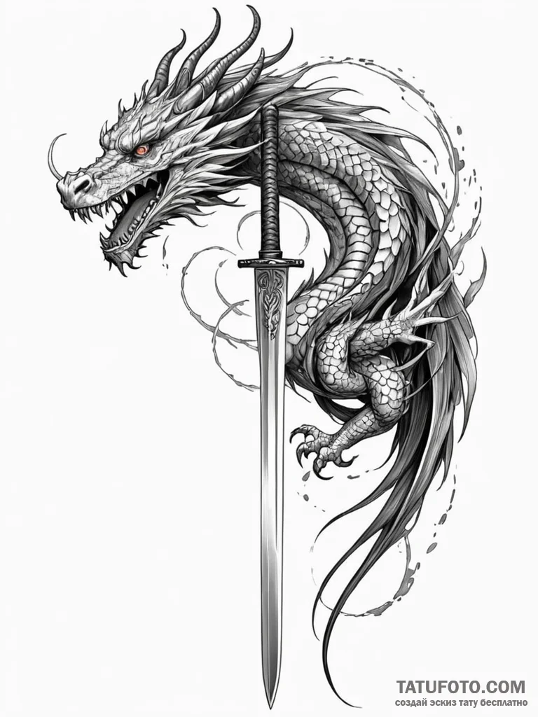 Katana blade unsheathed, with a dragon reflec... - эскиз тату (№1751659879_0, 04.07.2025 20:11) — Tatufoto.com
