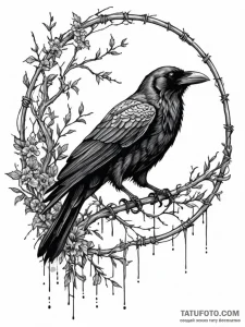 Raven perched on a barbed-wire fence, ink ill... - эскиз тату (№1751659969_0, 04.07.2025 20:12) — Tatufoto.com