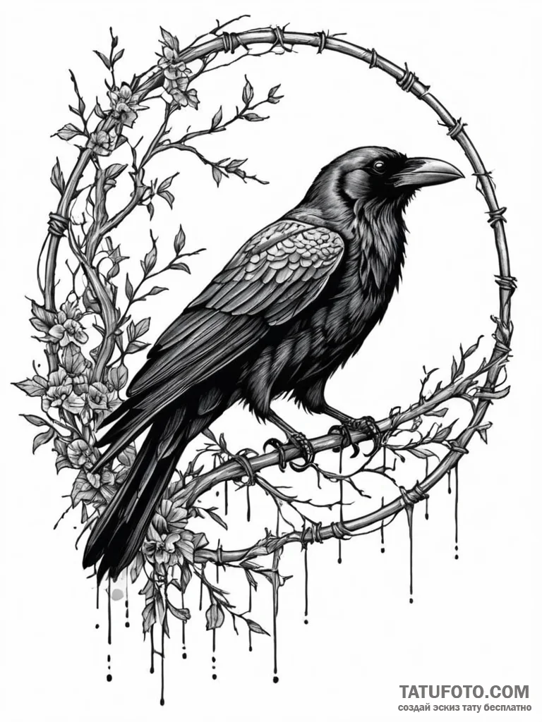 Raven perched on a barbed-wire fence, ink ill... - эскиз тату (№1751659969_0, 04.07.2025 20:12) — Tatufoto.com