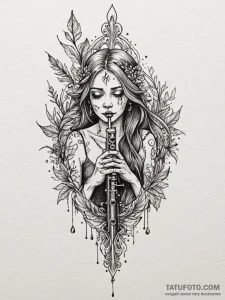 Bone flute calling spirits, ink illustration... - эскиз тату (№1751660564_0, 04.07.2025 20:22) — Tatufoto.com