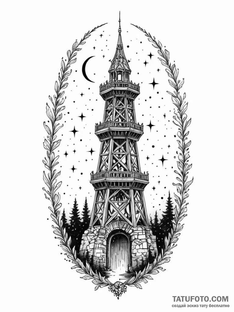 Tower gate devouring starlight, ink illustrat... - эскиз тату (№1751660817_0, 04.07.2025 20:26) — Tatufoto.com