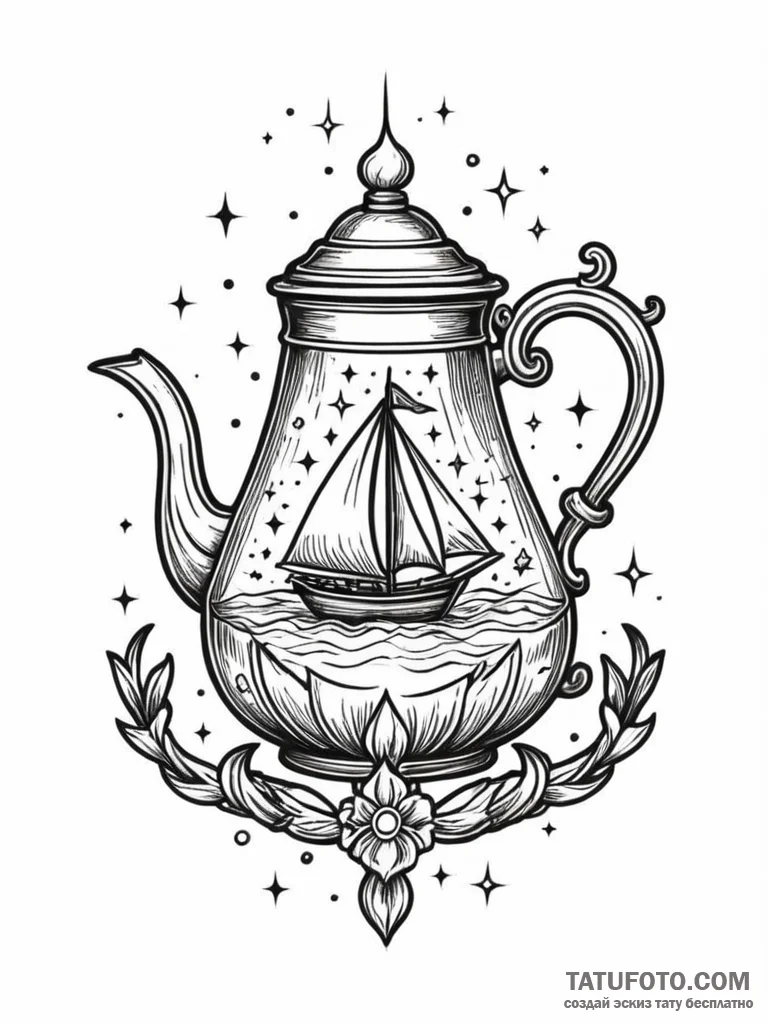Kettle beneath spectral stars, tattoo drawing... - эскиз тату (№1751661071_0, 04.07.2025 20:31) — Tatufoto.com