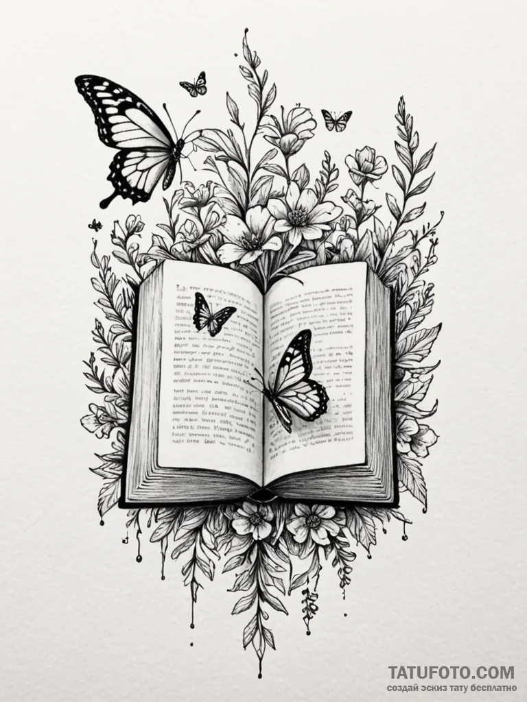 Book with wildflowers and butterflies emergin… — эскиз тату (№1751661495_0, 04.07.2025 20:38) — Tatufoto.com
