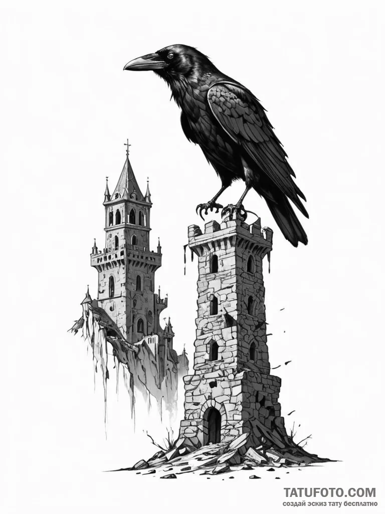 Apocalyptic raven perching on broken tower, c… — эскиз тату (№1751662427_0, 04.07.2025 20:53) — Tatufoto.com