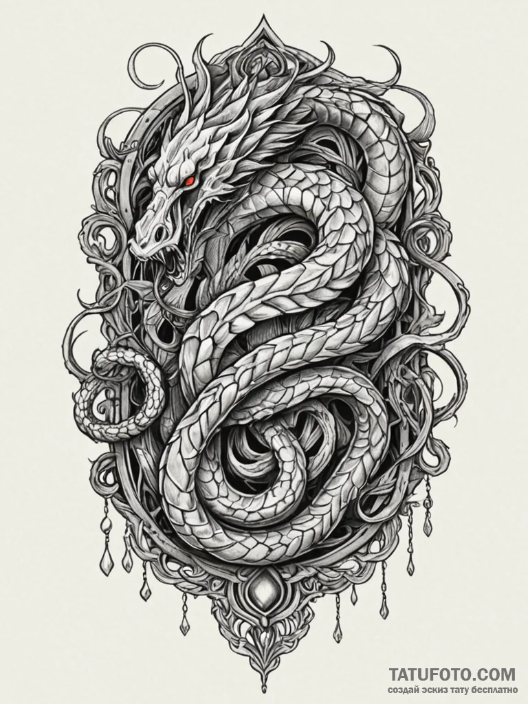 Arcane chains dragging spectral serpent, ink... - эскиз тату (№1751663569_0, 04.07.2025 21:12) — Tatufoto.com