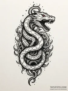 Graven serpent devouring starlight, ink illus... - эскиз тату (№1751663741_0, 04.07.2025 21:15) — Tatufoto.com
