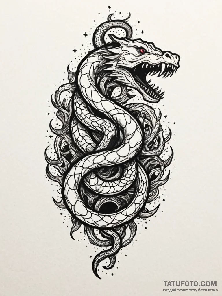 Graven serpent devouring starlight, ink illus... - эскиз тату (№1751663741_0, 04.07.2025 21:15) — Tatufoto.com