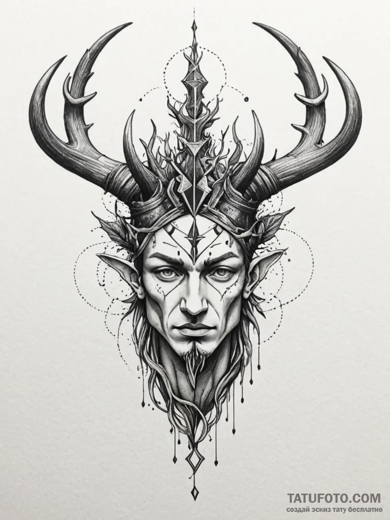 Horned relic crowned in roots, tattoo line ar... - эскиз тату (№1751664000_0, 04.07.2025 21:20) — Tatufoto.com