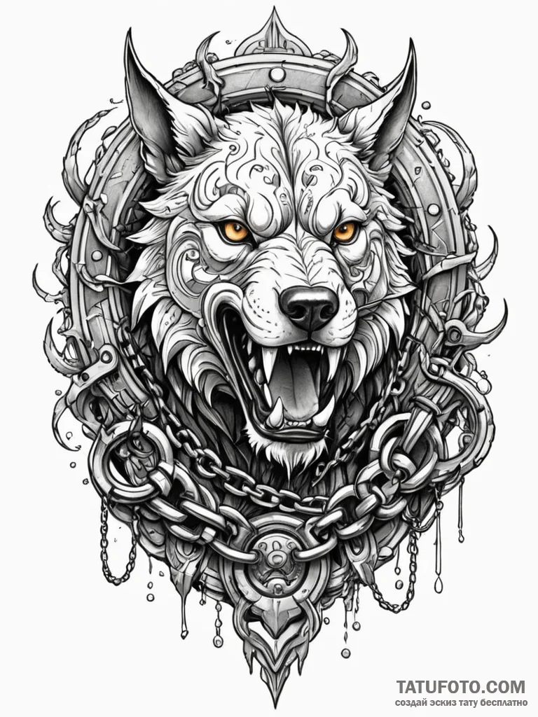 Armored cerberus with chains of smoldering ir... - эскиз тату (№1751664704_0, 04.07.2025 21:31) — Tatufoto.com