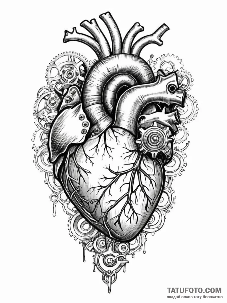 Anatomical heart with mechanical gears inside - эскиз тату (№1751664813_0, 04.07.2025 21:33) — Tatufoto.com