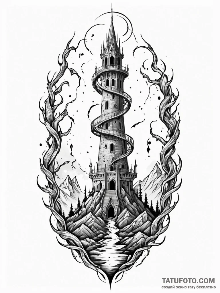 Ghost serpent beneath shattered spire, tattoo... - эскиз тату (№1751665328_0, 04.07.2025 21:42) — Tatufoto.com