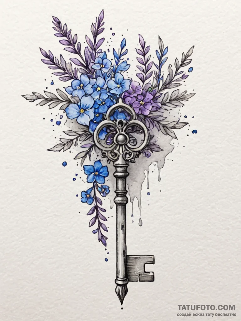 Ancient key decorated with lavender and forge... - эскиз тату (№1751665414_0, 04.07.2025 21:43) — Tatufoto.com