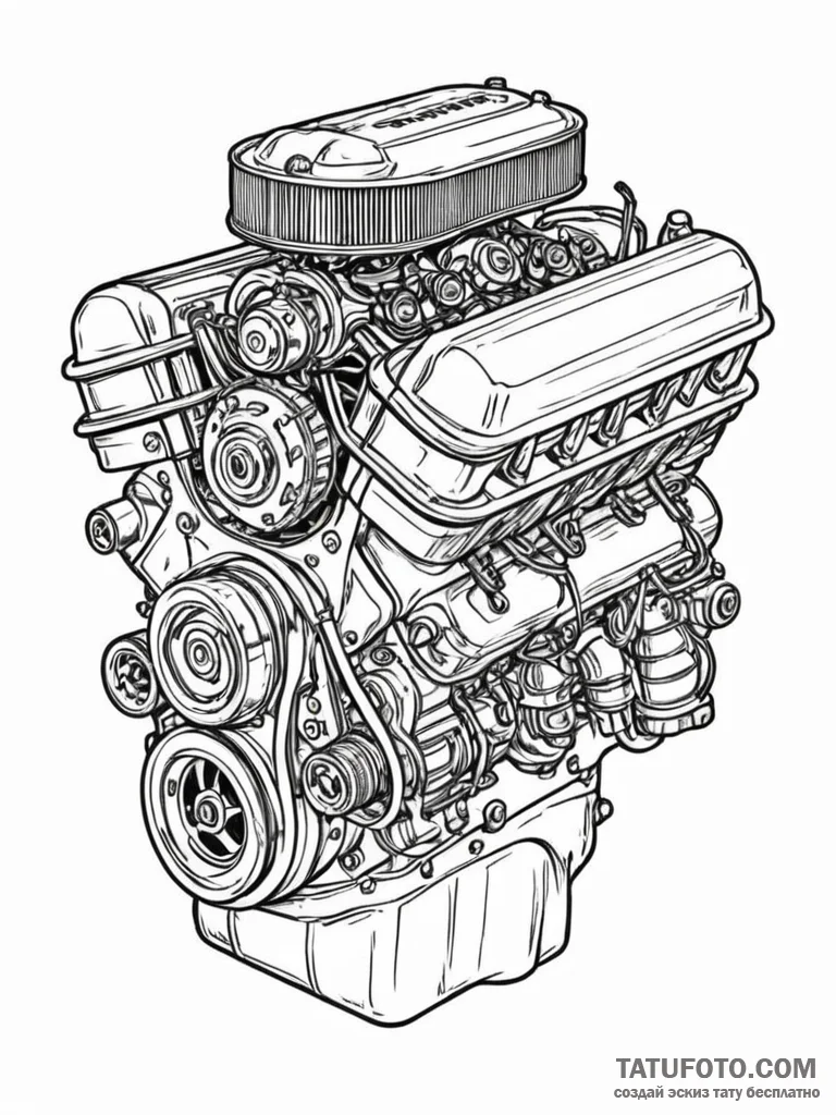 Blueprint of a classic muscle car engine, art… — эскиз тату (№1751666021_0, 04.07.2025 21:53) — Tatufoto.com