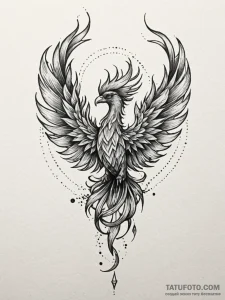 Phoenix feather burning in void, tattoo flash... - эскиз тату (№1751666106_0, 04.07.2025 21:55) — Tatufoto.com