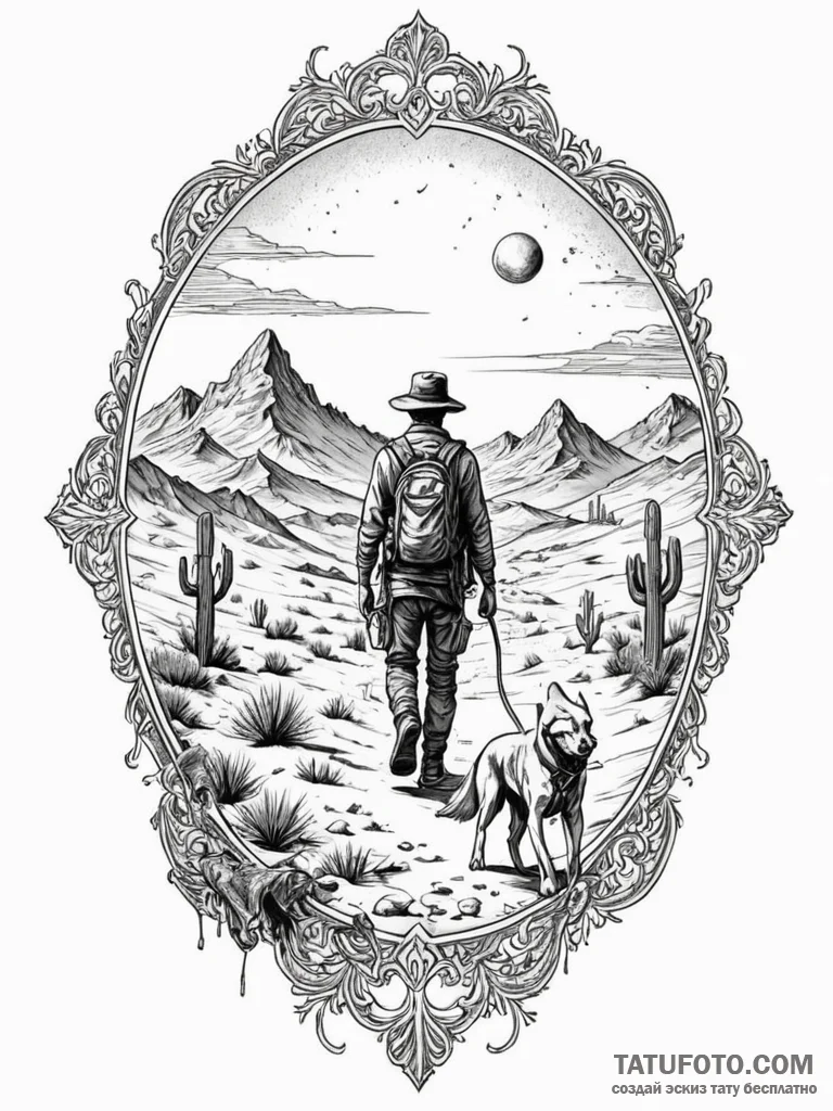 Lone wanderer in a post-apocalyptic desert, w... - эскиз тату (№1751667348_0, 04.07.2025 22:15) — Tatufoto.com