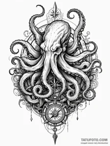 Kraken devouring ancient compass, tattoo draw... - эскиз тату (№1751667945_0, 04.07.2025 22:25) — Tatufoto.com