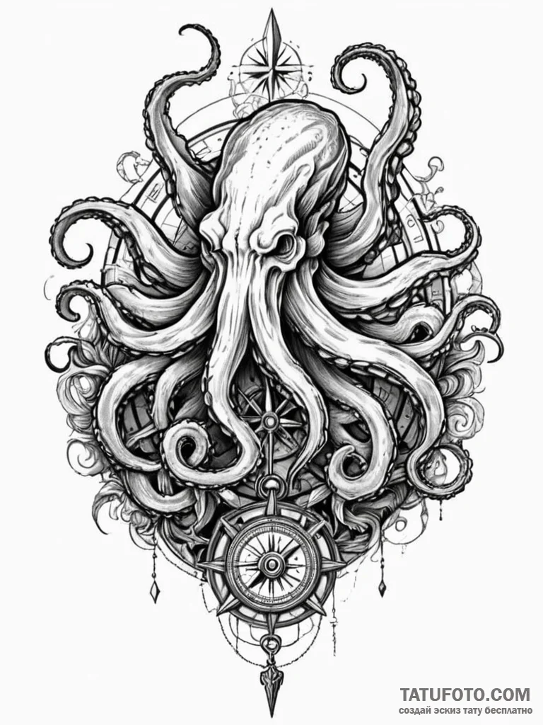 Kraken devouring ancient compass, tattoo draw… — эскиз тату (№1751667945_0, 04.07.2025 22:25) — Tatufoto.com