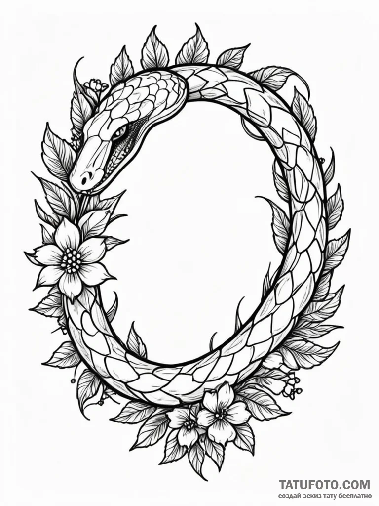 Ouroboros (snake eating its tail) made of flo... - эскиз тату (№1751668200_0, 04.07.2025 22:30) — Tatufoto.com