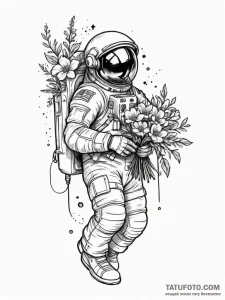 Astronaut holding a bouquet of flowers, tatto... - эскиз тату (№1751668622_0, 04.07.2025 22:37) — Tatufoto.com