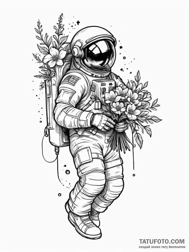 Astronaut holding a bouquet of flowers, tatto... - эскиз тату (№1751668622_0, 04.07.2025 22:37) — Tatufoto.com