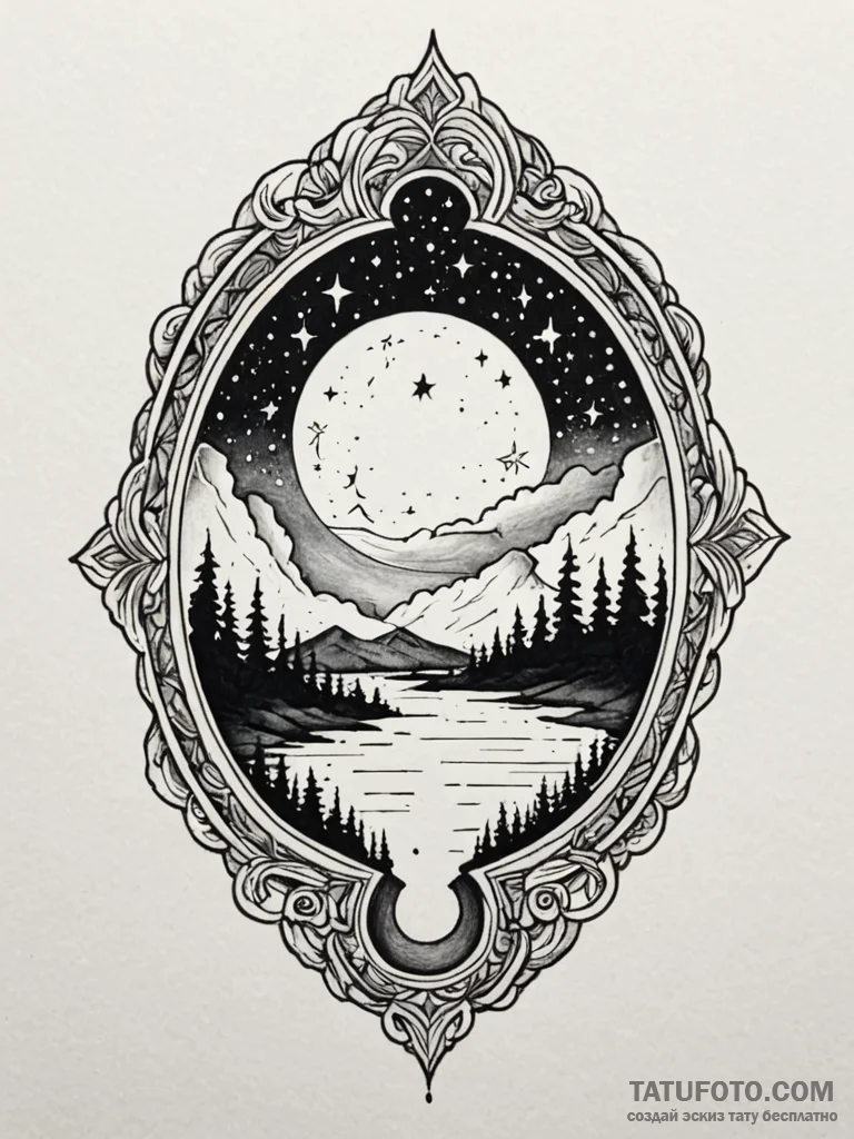 Night sky seen through a keyhole, tattoo line... - эскиз тату (№1751669305_0, 04.07.2025 22:48) — Tatufoto.com