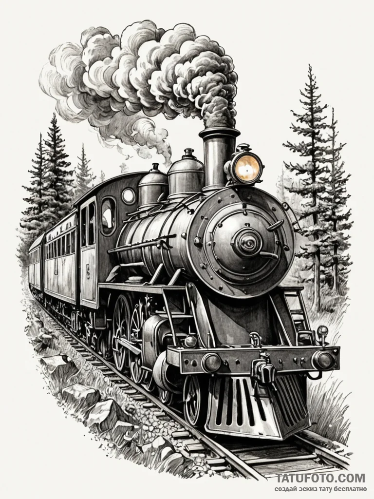 Train, classic steam engine, on a long journe... - эскиз тату (№1751669473_0, 04.07.2025 22:51) — Tatufoto.com
