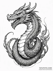 Animated bone dragon coiled mid-air, tattoo l... - эскиз тату (№1751669809_0, 04.07.2025 22:56) — Tatufoto.com