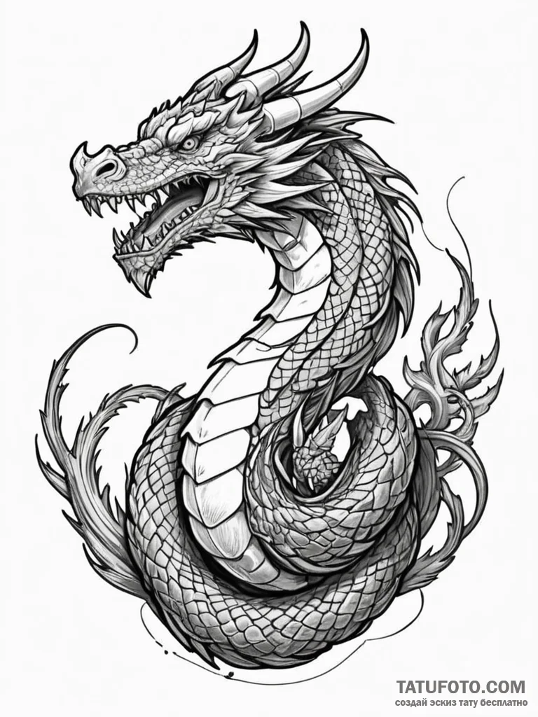 Animated bone dragon coiled mid-air, tattoo l... - эскиз тату (№1751669809_0, 04.07.2025 22:56) — Tatufoto.com
