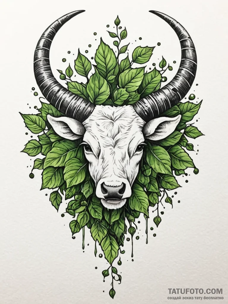 Ox horns bound with ivy, tattoo line art, wat... - эскиз тату (№1751670063_0, 04.07.2025 23:01) — Tatufoto.com