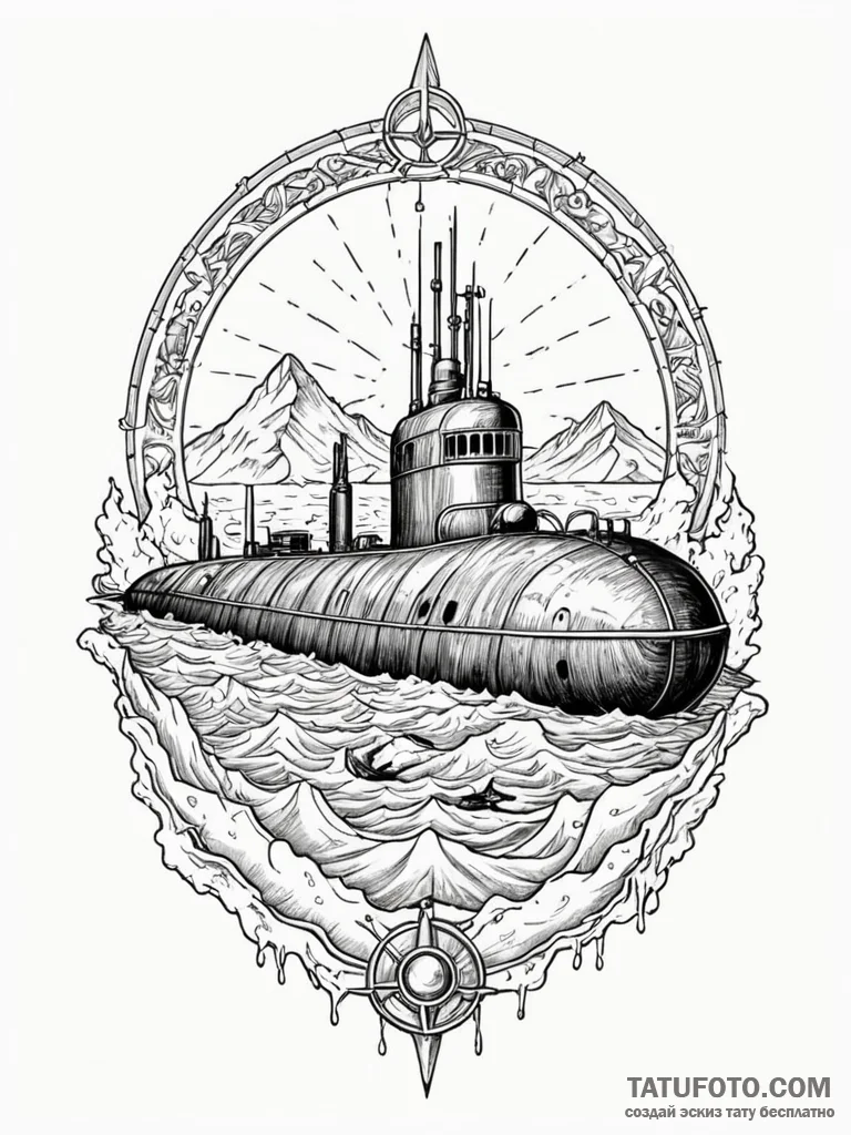 Nuclear submarine surfacing, breaking through... - эскиз тату (№1751670317_0, 04.07.2025 23:05) — Tatufoto.com