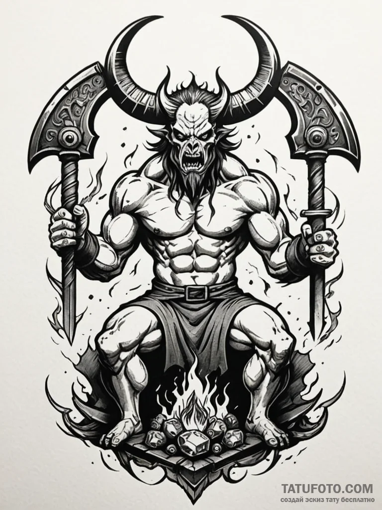 Demonic blacksmith forging a soul on a hellis... - эскиз тату (№1751670402_0, 04.07.2025 23:06) — Tatufoto.com