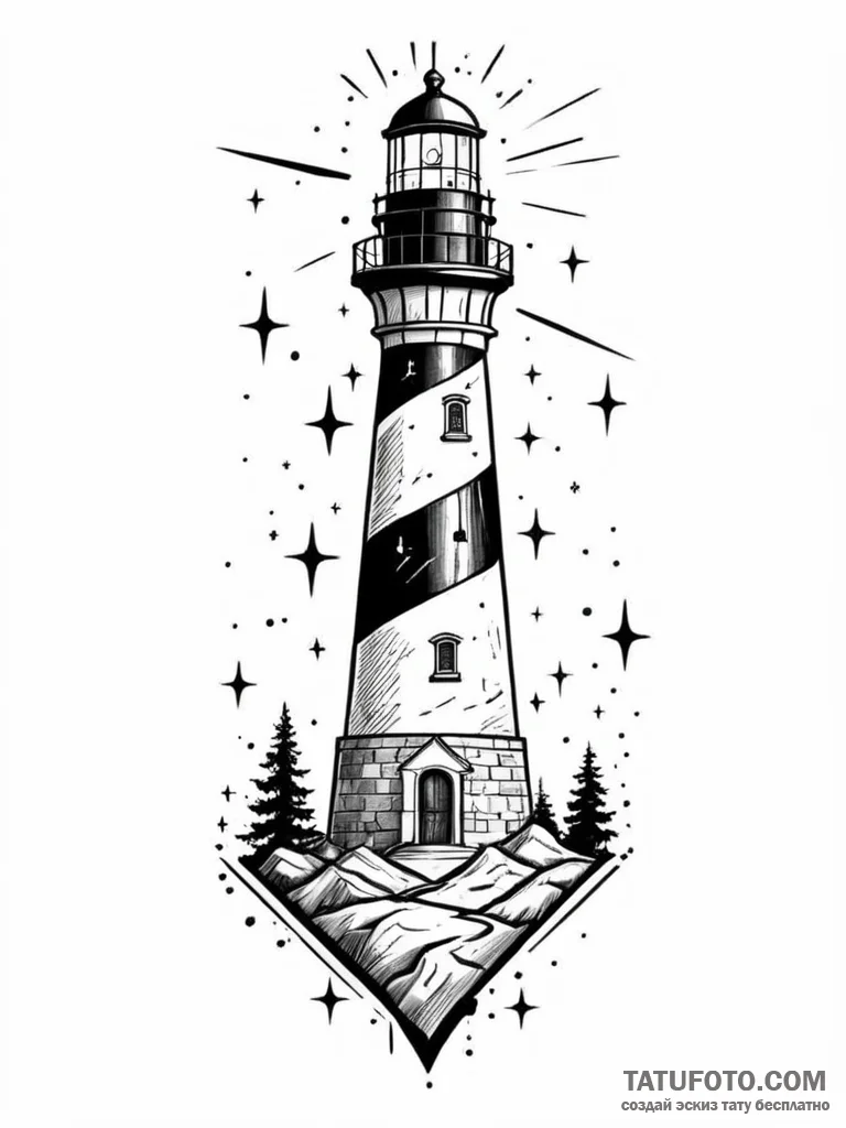 Lighthouse beam revealing constellations, tat... - эскиз тату (№1751670910_0, 04.07.2025 23:15) — Tatufoto.com