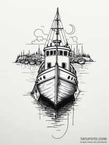 A sleek boat tied to a dock, harbor scene,, c... - эскиз тату (№1751671078_0, 04.07.2025 23:17) — Tatufoto.com