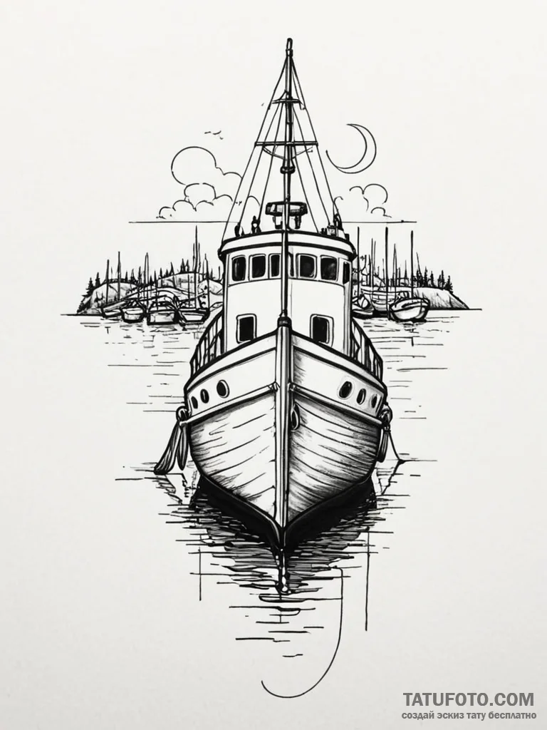 A sleek boat tied to a dock, harbor scene,, c... - эскиз тату (№1751671078_0, 04.07.2025 23:17) — Tatufoto.com