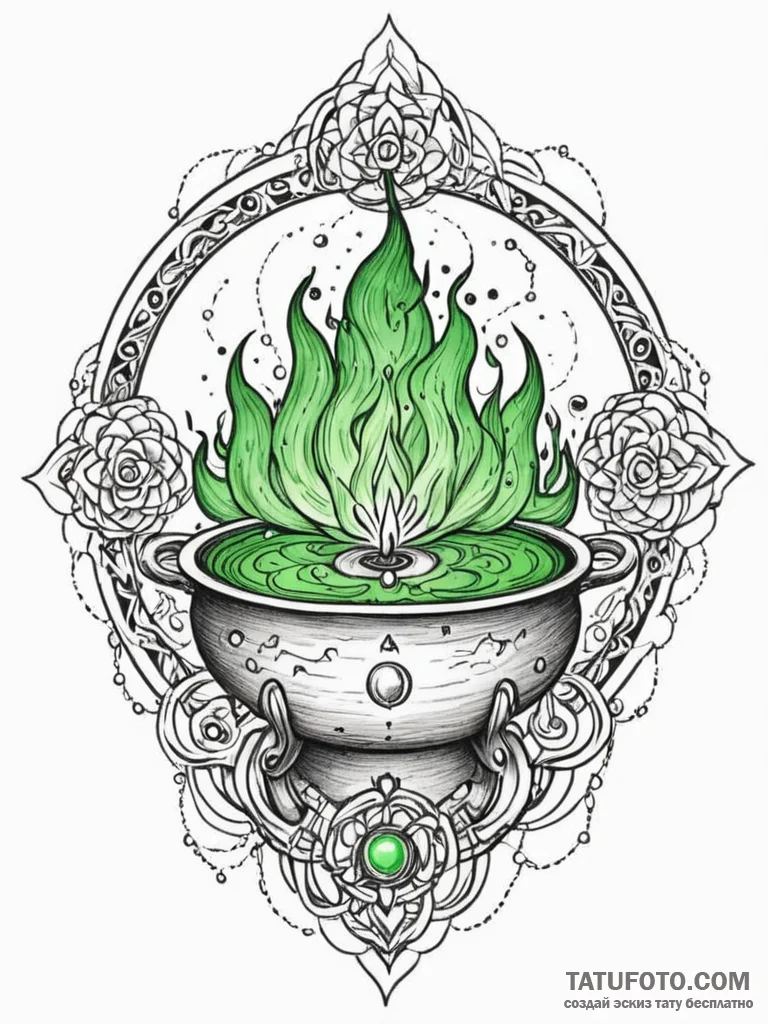 Witch's cauldron with green, bubbling brew, t... - эскиз тату (№1751671246_0, 04.07.2025 23:20) — Tatufoto.com