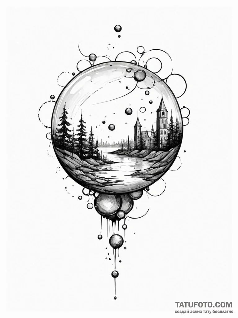 A whimsical bubble floating in wind, transien... - эскиз тату (№1751671330_0, 04.07.2025 23:22) — Tatufoto.com