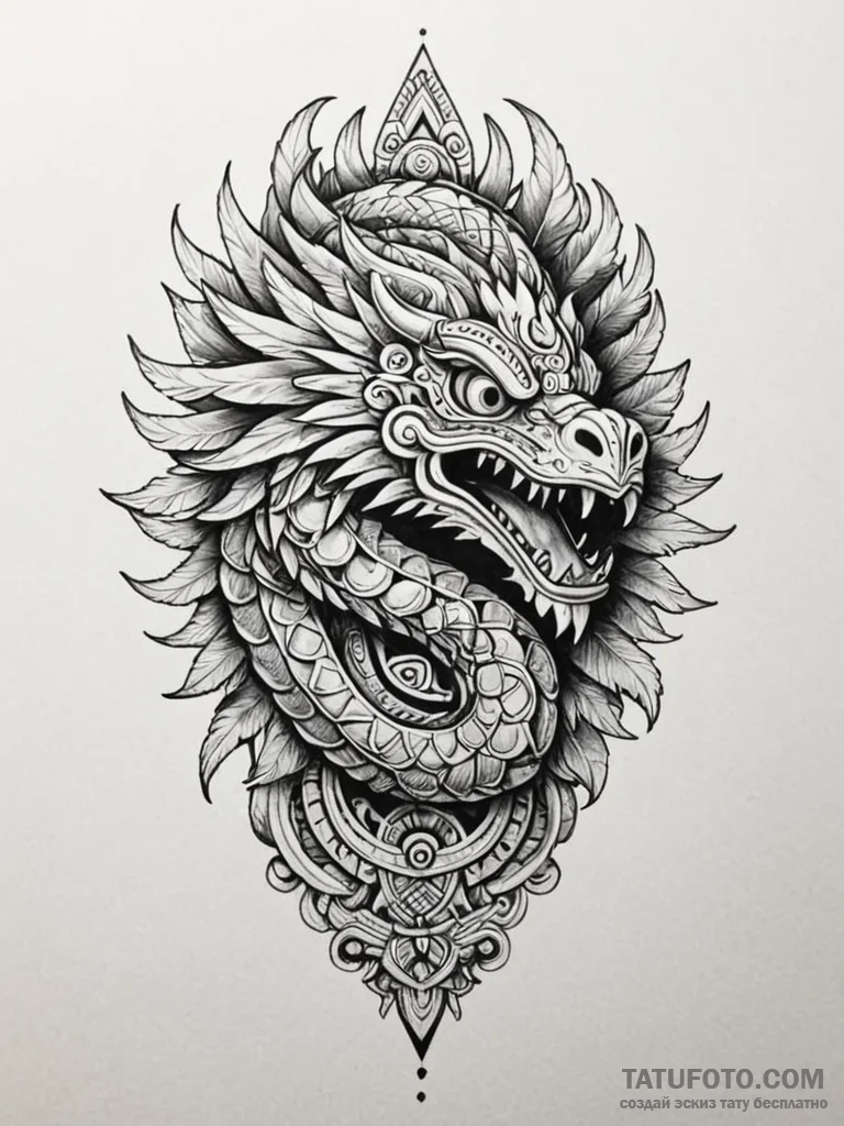 Aztec feathered serpent (quetzalcoatl), conce… — эскиз тату (№1751671582_0, 04.07.2025 23:26) — Tatufoto.com