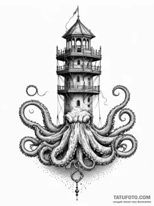 Kraken coil around ancient tower, tattoo draw... - эскиз тату (№1751671835_0, 04.07.2025 23:30) — Tatufoto.com